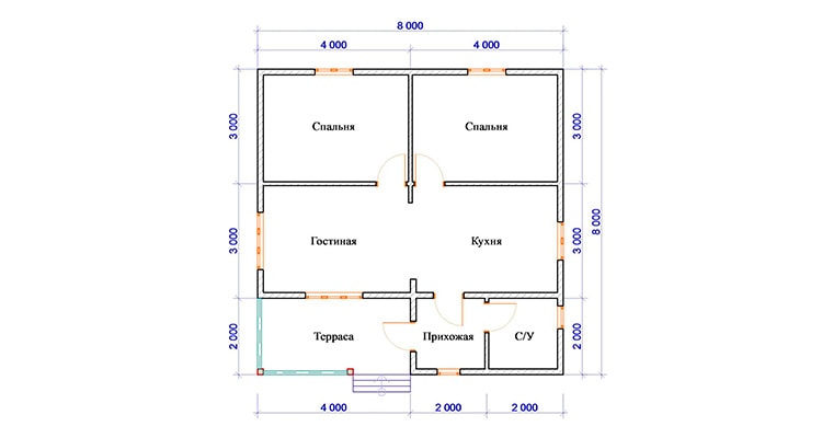 Пример планировки дома 8м на 8м