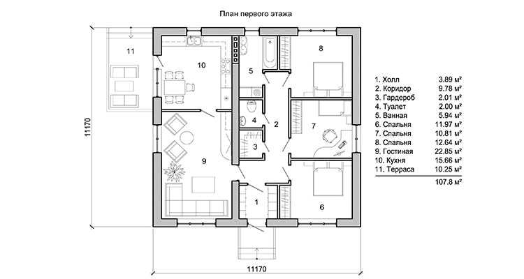 Пример планировки дома 11м на 11м