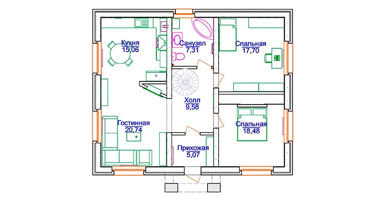 Пример планировки дома 10м на 10м